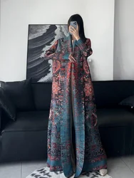 Abaya Long Trench Coat Miyake Women's Summer Style Elegant Wrinkled Loose Large Size Printed Middle East Cardigan Robe Tide