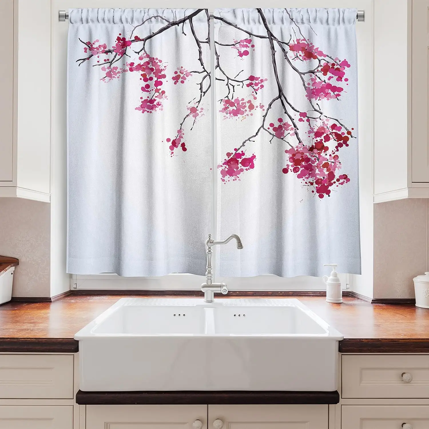 Japanese Kitchen Curtains, Cherry Blossom Sakura Tree Floral Branch Spring Season Theme Image, Panel Set for Kitchen Cafe Decor