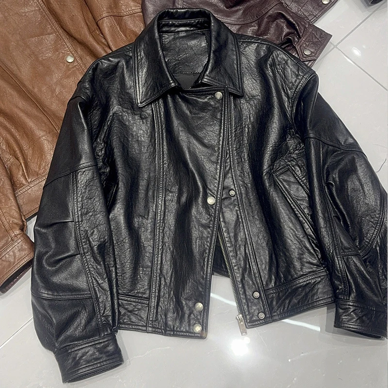 Casual Motorcycle Leather Jacket for Women 2026 New Retro Oil Waxes Leather Female Lapel Loose A-level Sheepskin Jacket Coat