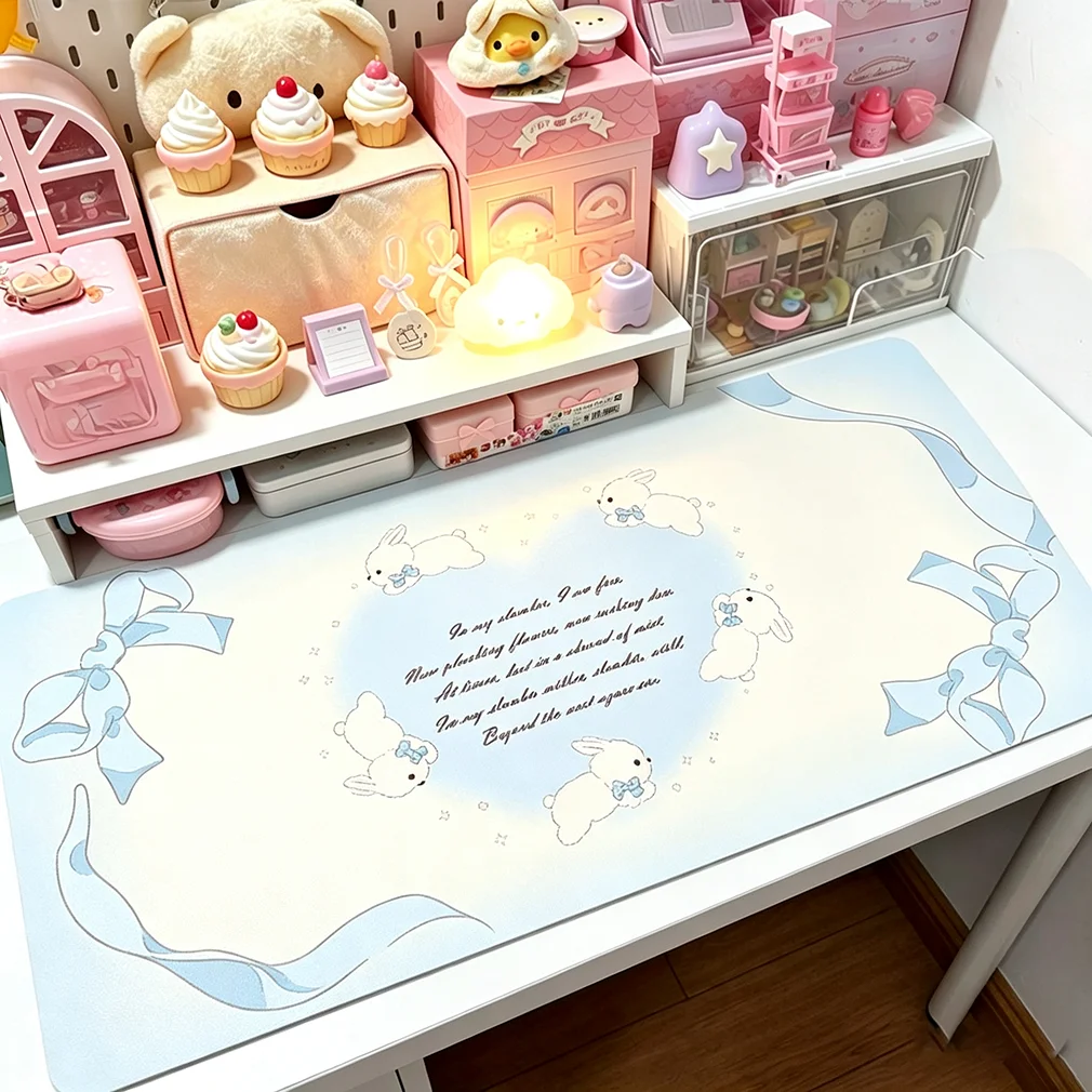 Pink Blue Gradien Running Bunny Kawaii Rabbit Girl PU Leather Desk Pad Protector Y2K Mouse Pad Office Desk Mat Desk Blotter Pad