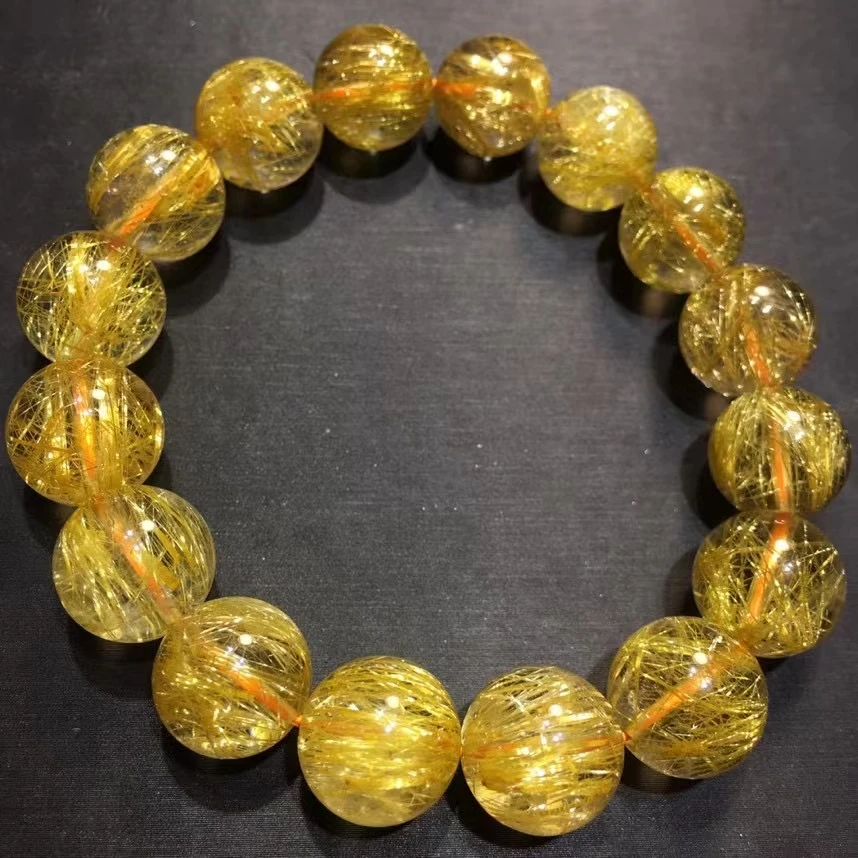 Natural Gold Rutilated Quartz Titanium Bracelet Wealthy Woman Men 13mm Big Size Clear Round Beads Jewelry From Brazil AAAAAAA