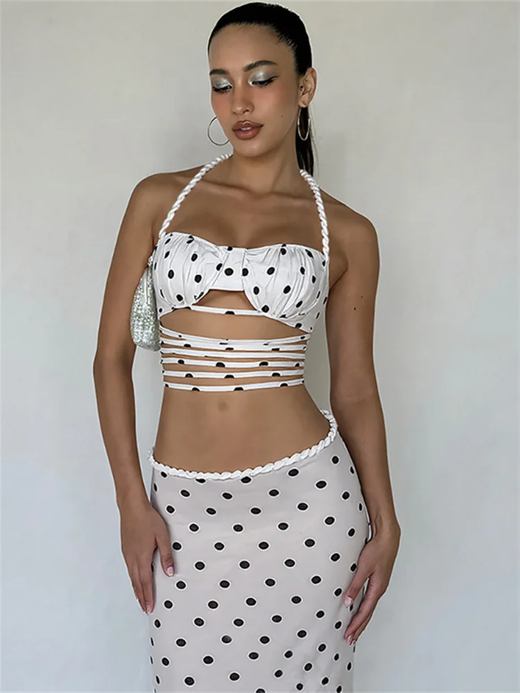 

Nibber Sexy Polka Dots Print 2 Piece Set Women Halter Plait Hollow Stripe Camisole+Mid Skirts Simple Streetwear Matching Outfits