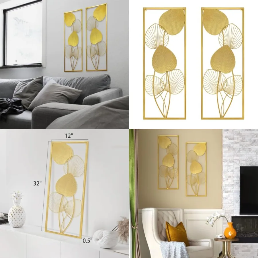 

2 Pieces Metallic Leaves Wall Decors Luxury Golden Metal Art Wall Sculptures 32" X 12" Modern Wall Hanging Sculptures with Fram