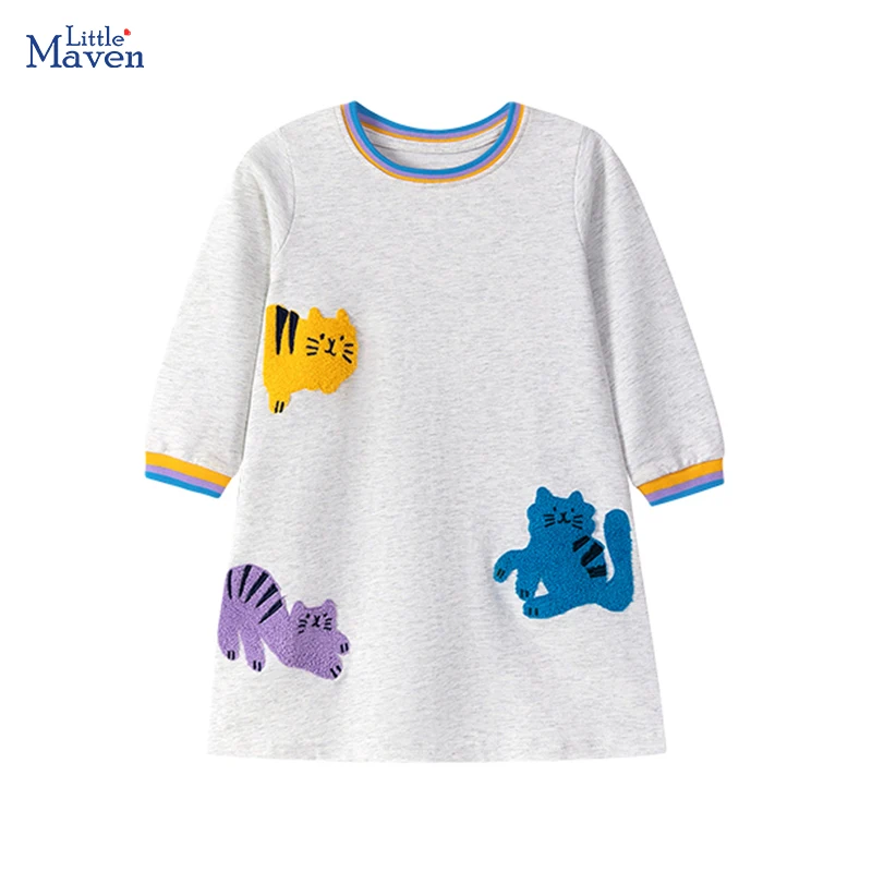 

Платья Little maven для девочек 6 лет, платье с длинными рукавами и вышивкой животных и кошек для девочек, осеннее элегантное платье для девочек, повседневное платье