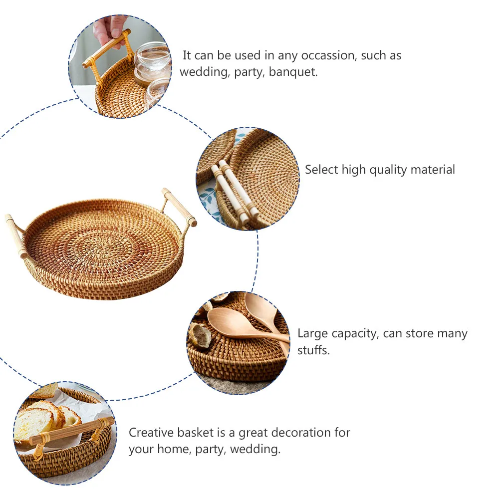 1Pcs Creative Rattan Woven Basket Large Capacity Portable Food Storage Basket Home Decoration Wedding Banquet Picnic Tray 28x4cm