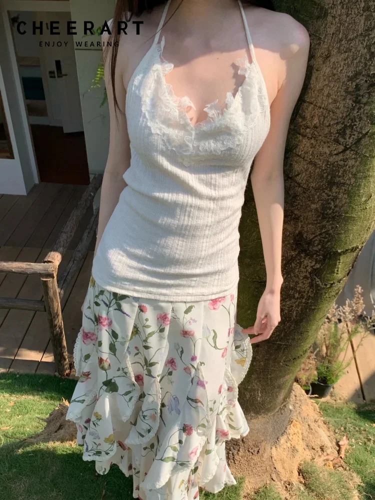 

Топ-халтер CHEERART без спинки с кружевом для женщин, летний белый вязаный топ с V-образным вырезом, женская майка-камизол, милая одежда, коллекция 2026