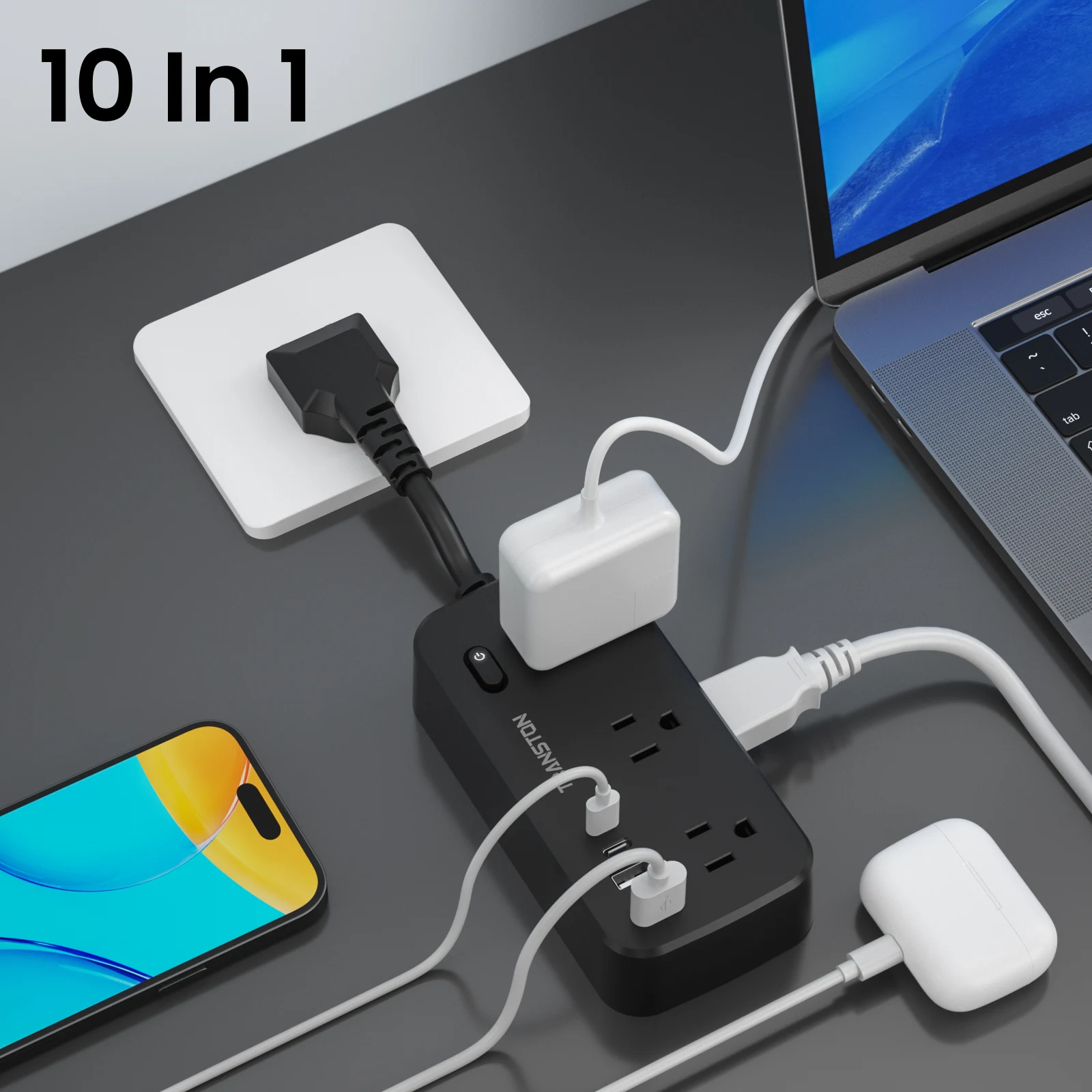protection contre les surtensions pour bande d'alimentation noire avec 6 prises CA, 2 ports de charge rapide USB et 2 USB-C, 10 en 1,45 ° bouchon inclinable, Protection avancée