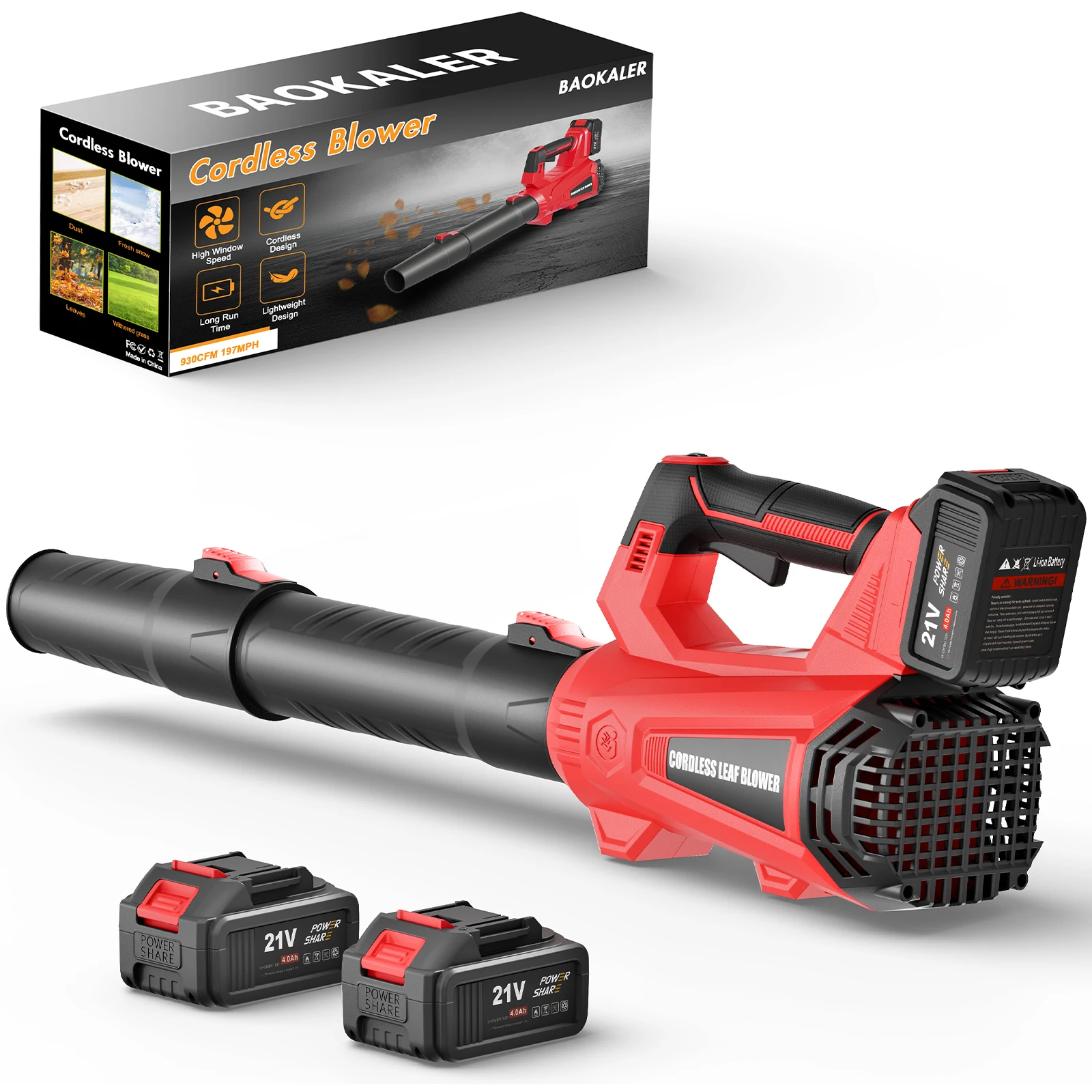 Cordless Leaf Blower Electric 6-Speed 930CFM/197MPH Handheld Blower 2 x 4000mAh Batteries Garden Cleaner Power Tool for Yard Care Leaves Dust & Light Snow