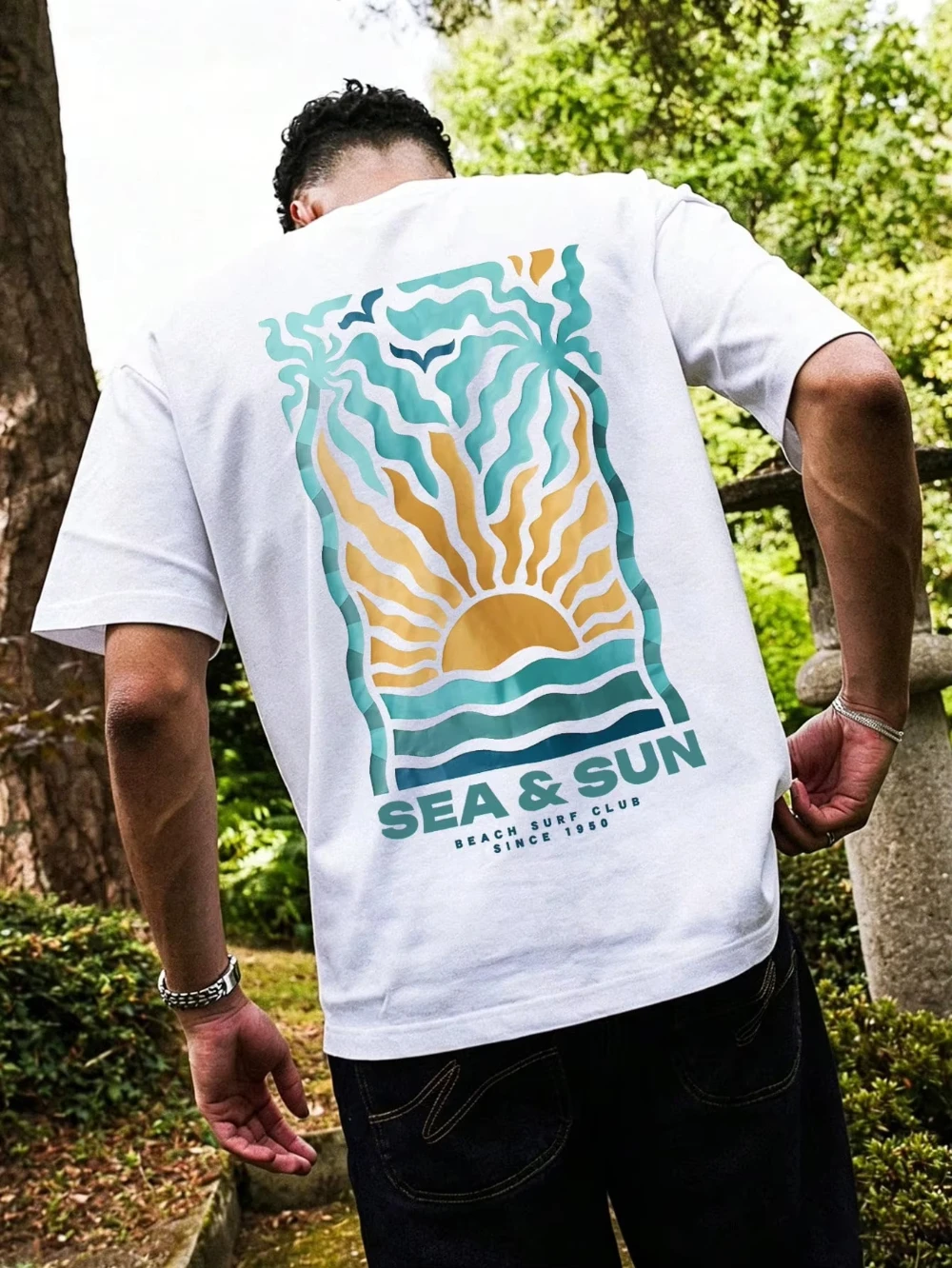 2026 Men Sea & Sun Beach Surf Graphic T Shirt Back Print Retro Sunset Palm Oversized Short Sleeve Summer Vacation Casual Tops