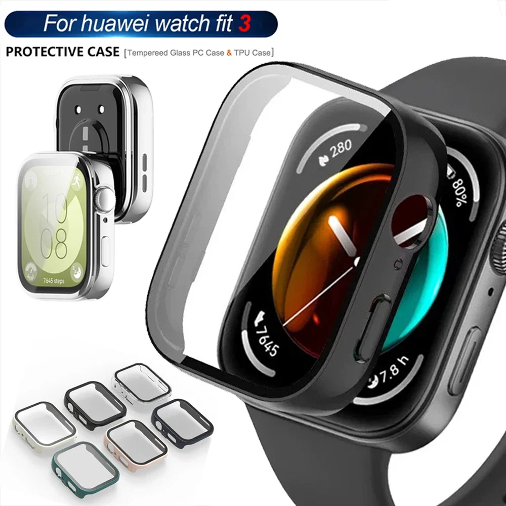 

Стекло + чехол для Huawei Watch Fit 3, универсальная защитная пленка для экрана, жесткий бампер из ПК, чехол для часов из закаленного стекла для Huawei Watch Fit 3