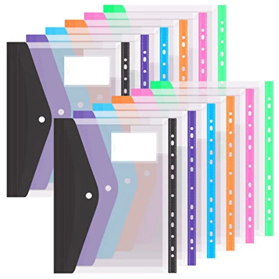 

Binder Pocket 12 Pack Plastic Envelopes Binder Folders 11 Holes Expandable Binder Folders for 2/3/4 Ring Document Pouch with Sn