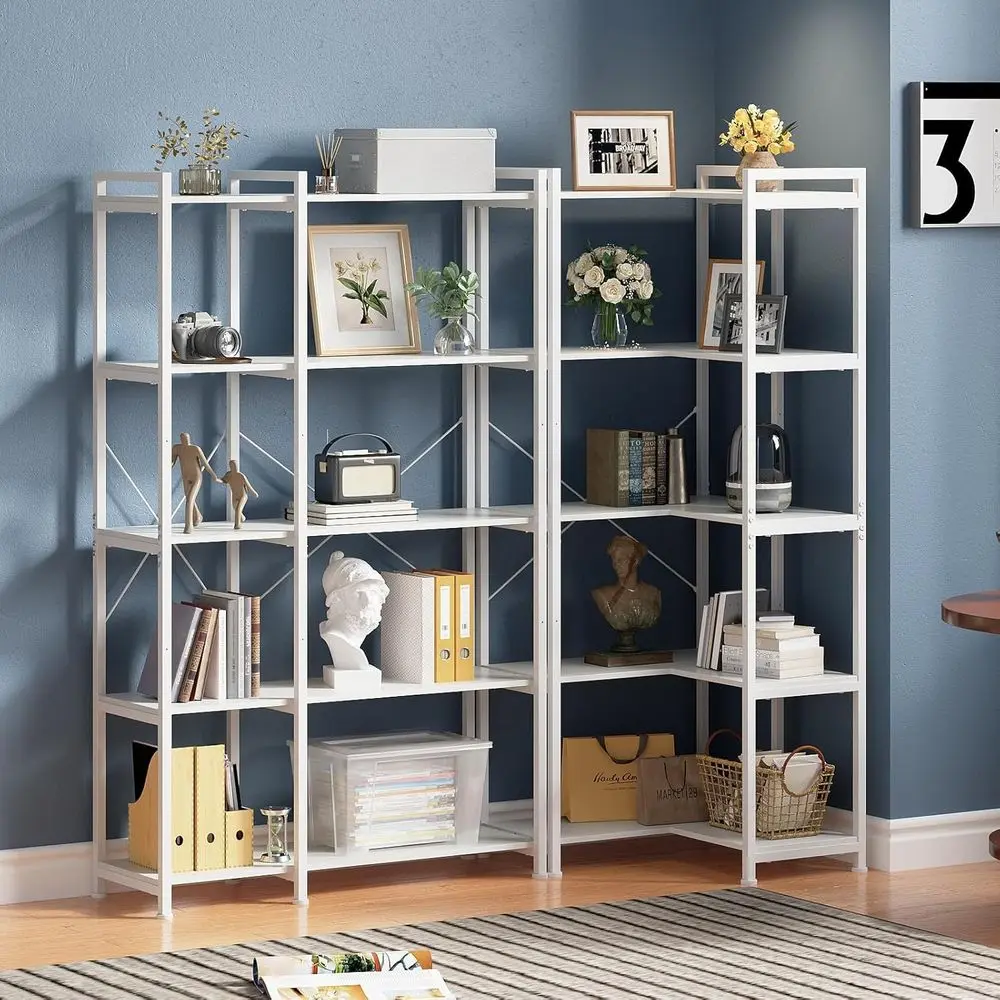 Bookshelf 5 Tier Deformable Corner Bookcase Free Standing Modern Industrial Book Storage Display Book Shelf for Bedroom Living R