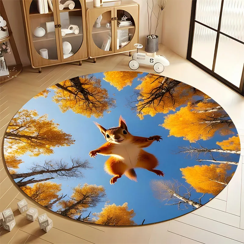 Playful Squirrel in Autumn Forest Themed Carpet round carpet for home sofa bedroom, gift