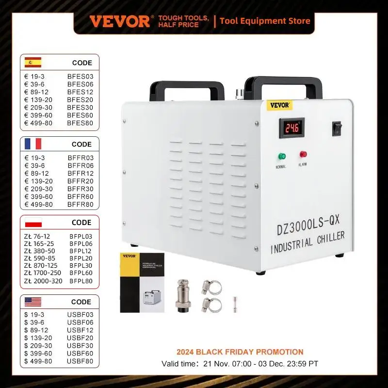 VEVOR-Laser Máquina De Gravura Chiller, Thermolysis Refrigerador De Água Industrial, CNC Spindle Cooling, CW-3000, CO2 Tubo De Vidro, 60W, 80W