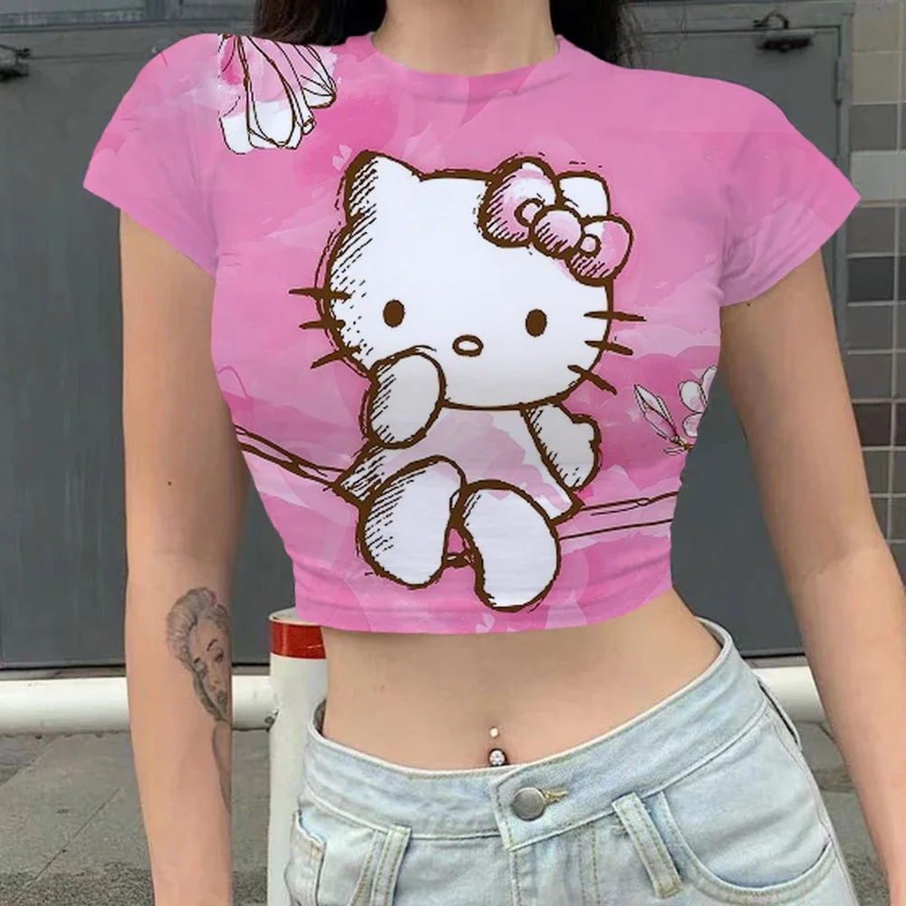 Fashion Sexy Kawaii Print Female Clothing Cartoon Y2k Party Hello Kitty Summer Crop Top Slim Fit T Shirt Tight Women\'s T-shirt