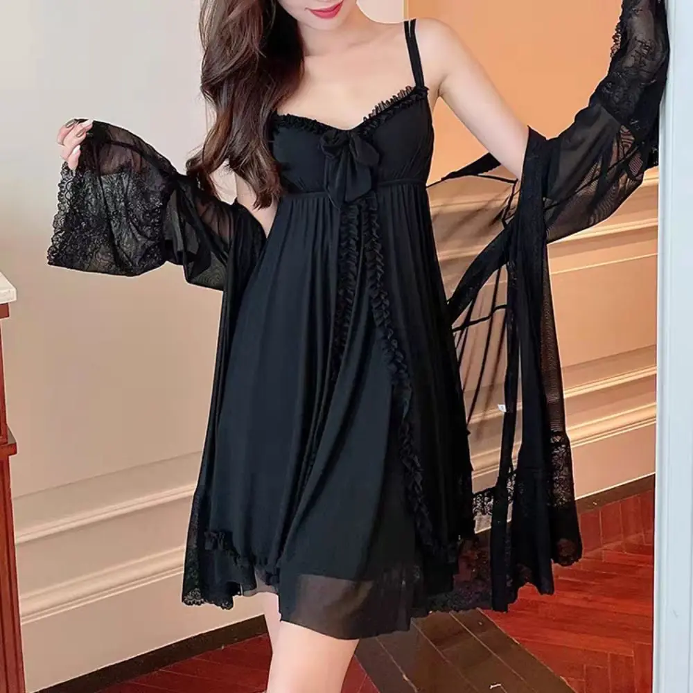 

Lace Bowknot Women Pajama Dress Nightgown Sleeveless Ruffle Suspender Nightdress Set Sleepwear Homewear