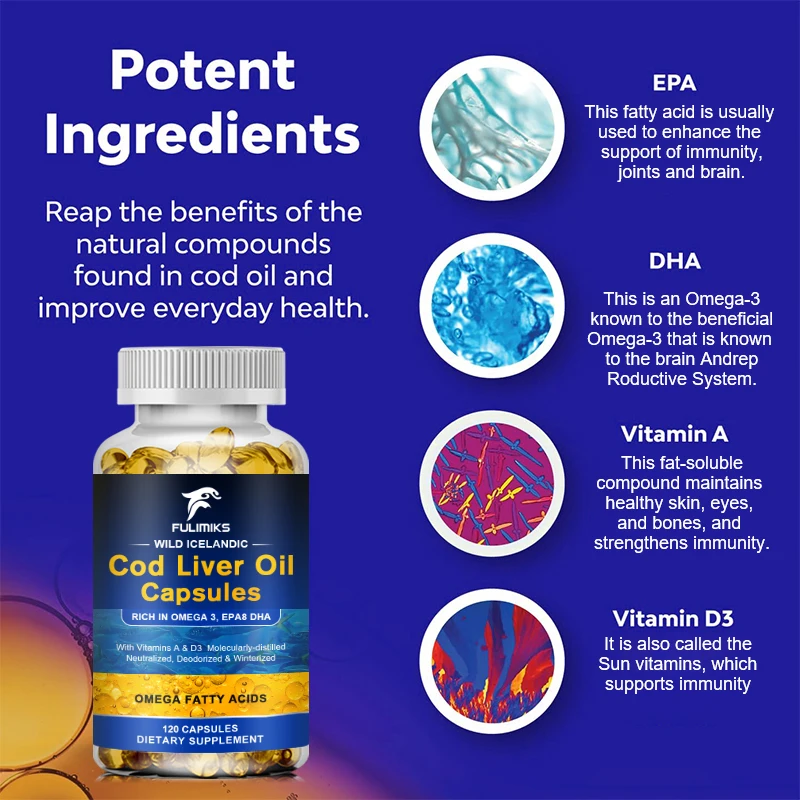 Pure Cod Liver Oil Capsules, with Vitamins D3, Omega-3, Support Brain Function, Strong Bones & Healthy Vision, Overall Wellness