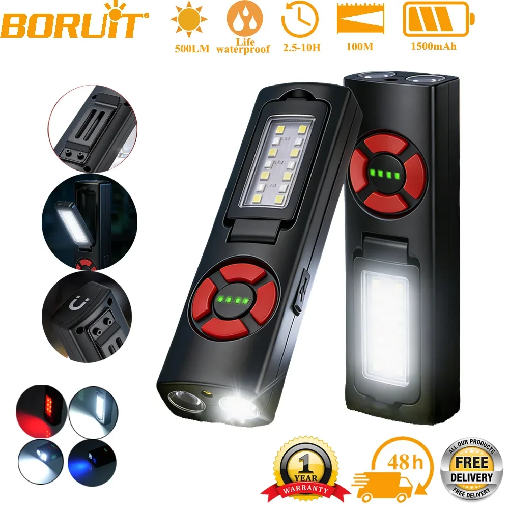 

Портативный фонарик BORUiT 4-в-1, 500 лм, многофункциональный, с магнитом и клипсой, перезаряжаемый, 4 режима, для работы и рыбалки