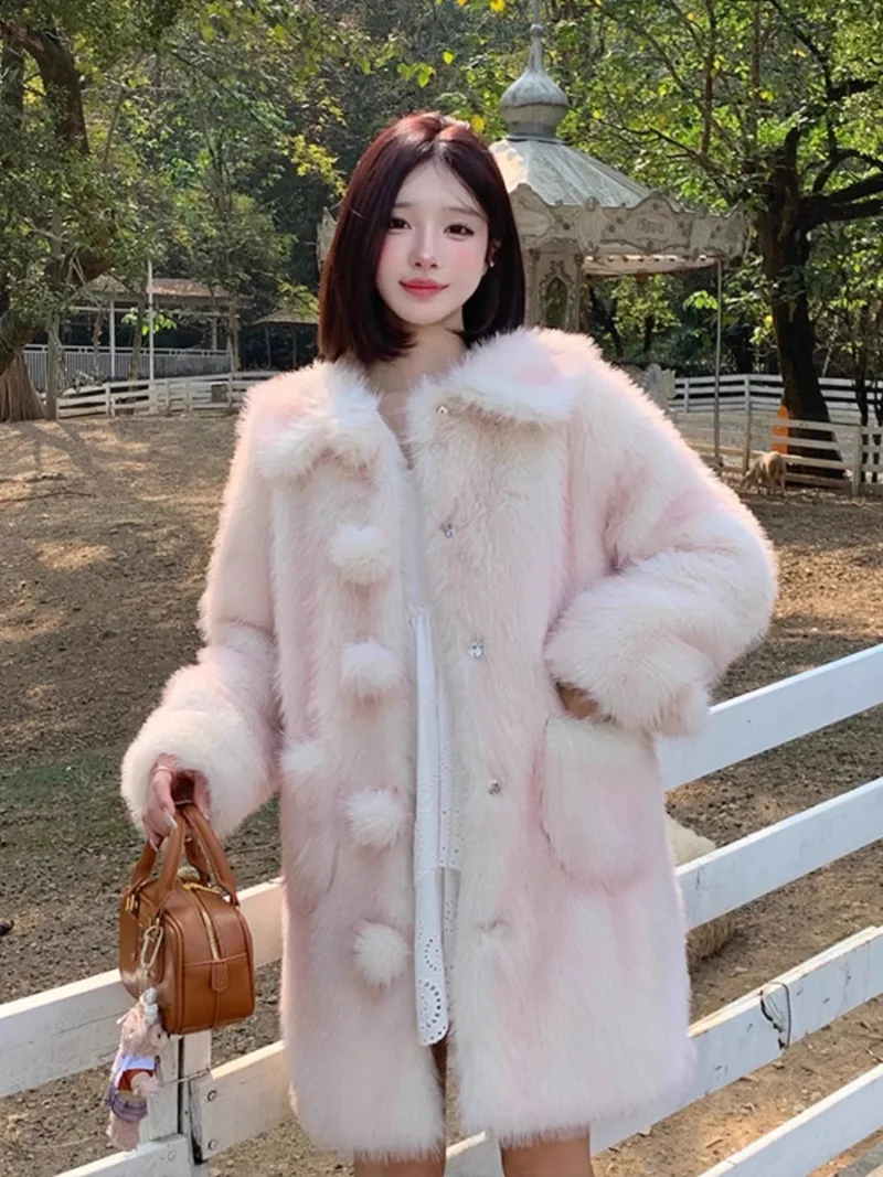 MiiiiX Pink Imitation Fox Fur Coat for Women 2024 Winter Plush Loose Thicken Mid-length Jacket Casual Outerwear Female Clothes