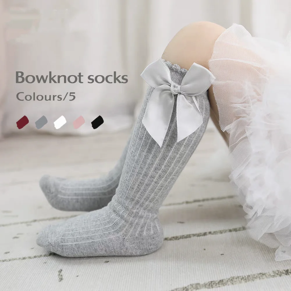 New Cute Pink Red Party Outdoor Hosiery for Toddler Cotton Solid Socks with Bowknot Princess Style Baby Soft Knee-High Socks