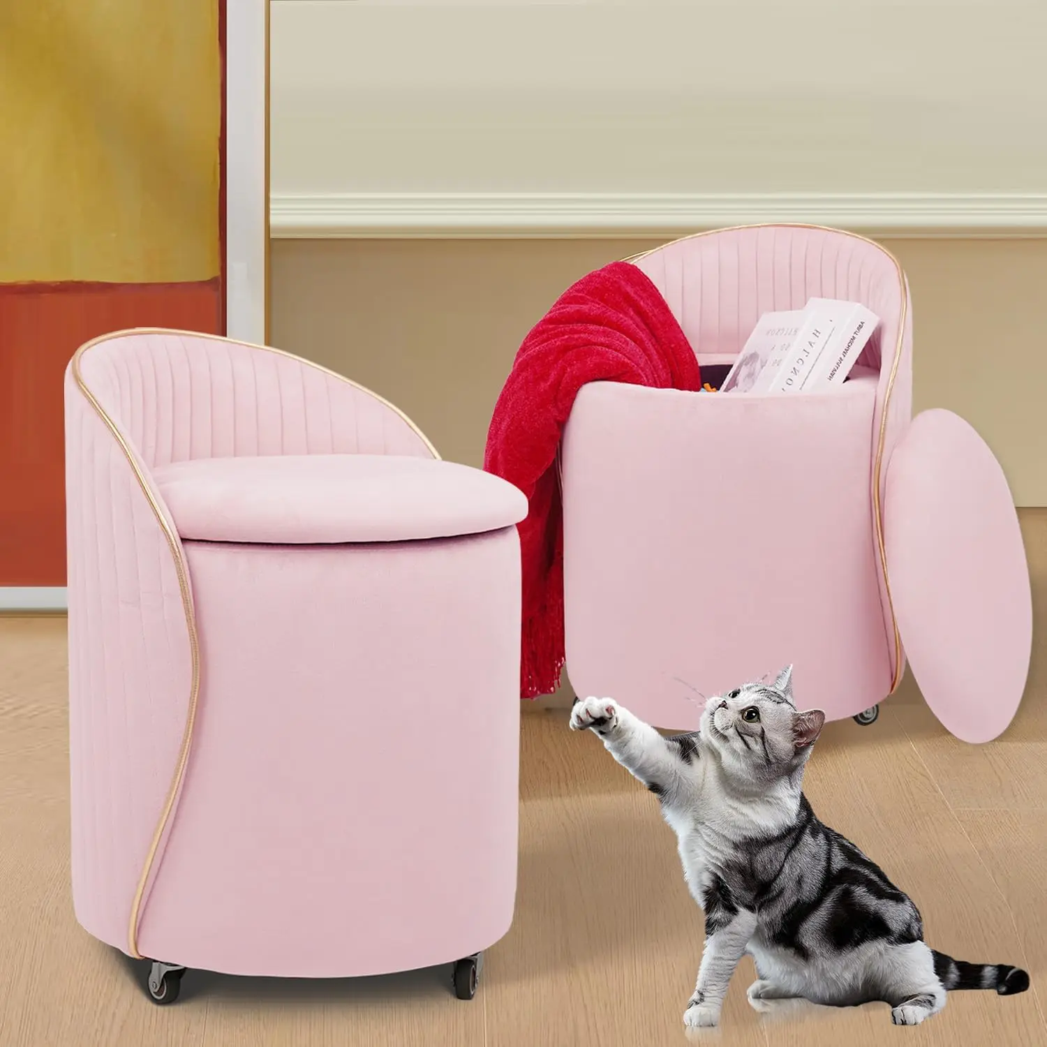 

Round Storage Ottoman, Upholstered Velvet Vanity Stool With Lumbar Support, Swivel Rolling Wheels, Small Foot Stools Coffee