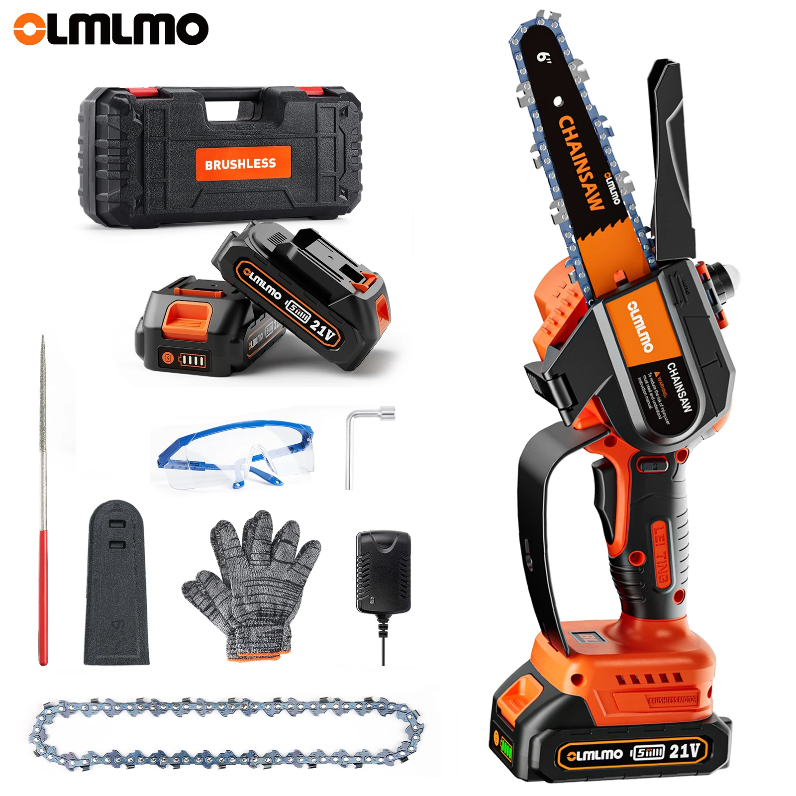 OLMLMO Handheld Cordless Chainsaw 6inch Brushless Mini Electric Chain Saw Tool Kit With 2pcs 2000mAh Battery For Lumberjack Work