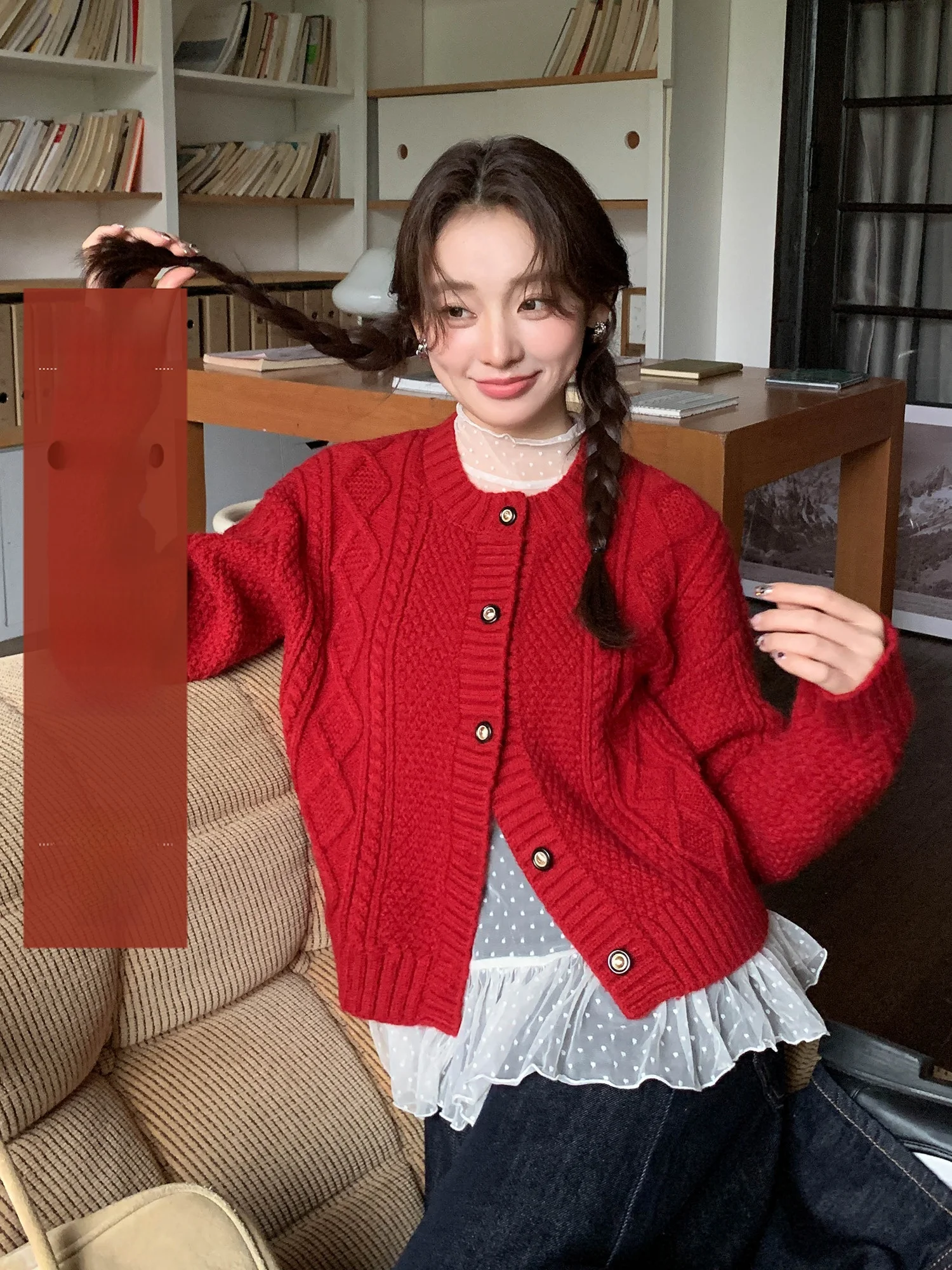 

Red Knitted round Ne Open Cardigan Sweater Women's Spring Winter New Sle Beautiful Top Warmth Function Long Sve Coat