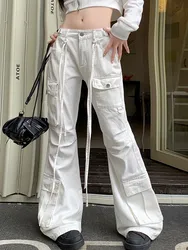 2023 Y2K Fashion Multi Pockets White Baggy Flare Cargo Jeans Pants For Women Korean Clothing Casual Lady Long Trousers Pantalons