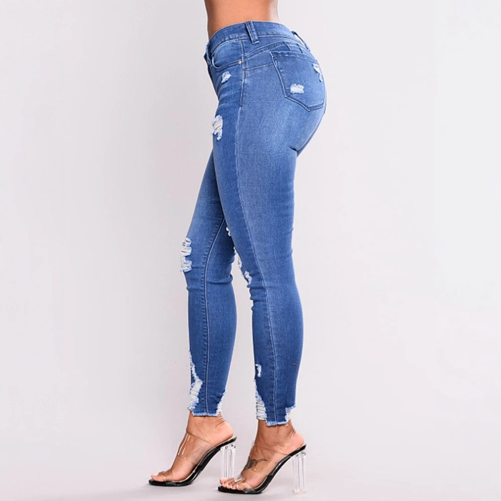 Женские узкие джинсы до щиколотки с высокой талией, рваные однотонные повседневные модные осенне-зимние джинсы