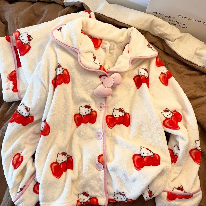 Moda Casual Able Semplice Dolce Carino Hello Kitty Pigiama di flanella Cartoon Girl Caldo e confortevole Set da indossare per la casa Autunno e inverno