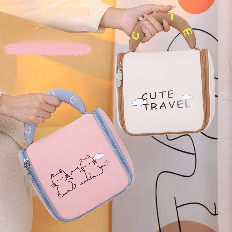 Soft Handle Cute Cat Toiletry Bag Ladies Travel Hanging Cosmetic Case Waterproof Large Capacity Makeup Organizer