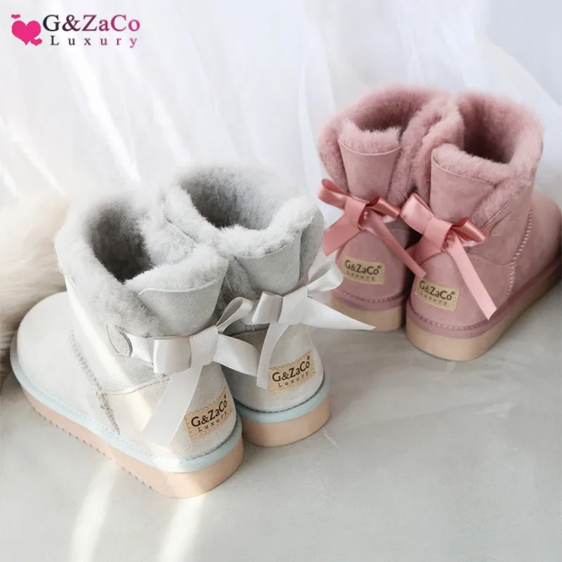 G&Zaco Luxury Real Wool Sweet Bow Snow Boots Women 2023 Genuine Sheepskin Boots Sheep Fur Winter Flat Girl Shoes