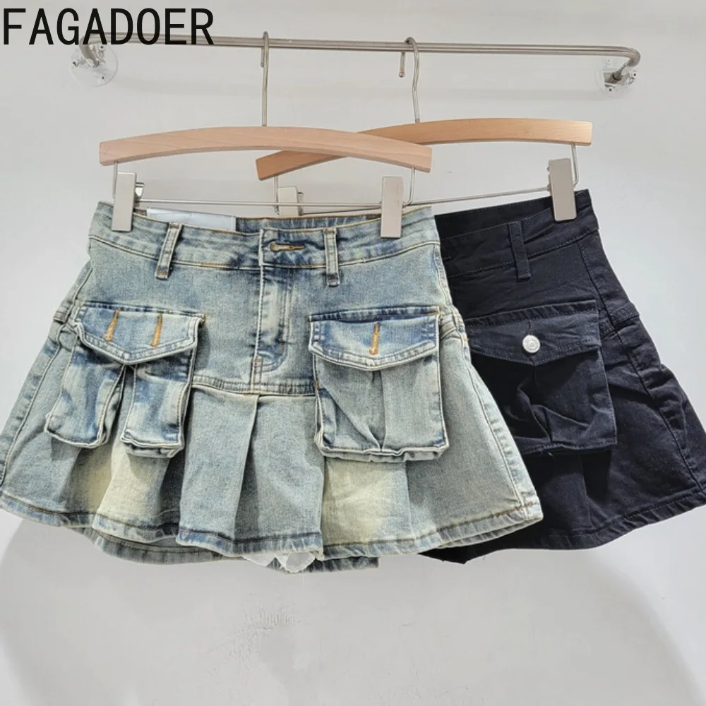 

FAGADOER Denim Fashion Mini Pleated Skirts Women Vintage Y2K Hot Girl High Waist Button A-line Skirt Female Cowboy Cargo Bottoms