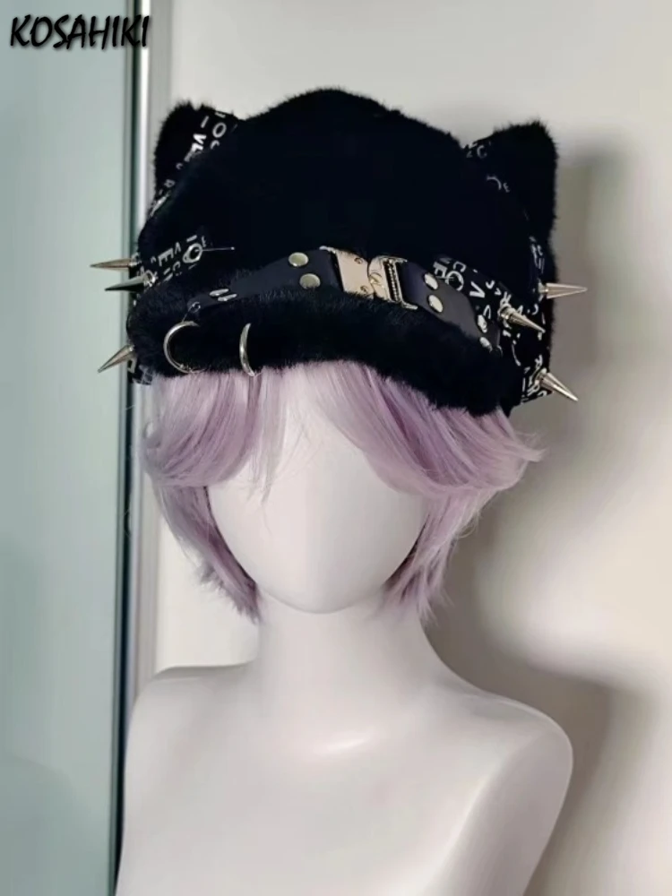 

Women Harajuku Gothic Lolita Beret Hat Cap Y2K Girl Rivet Patchwork Decorative Punk Gothic Hats Kawaii Cat Ears Beach Hat