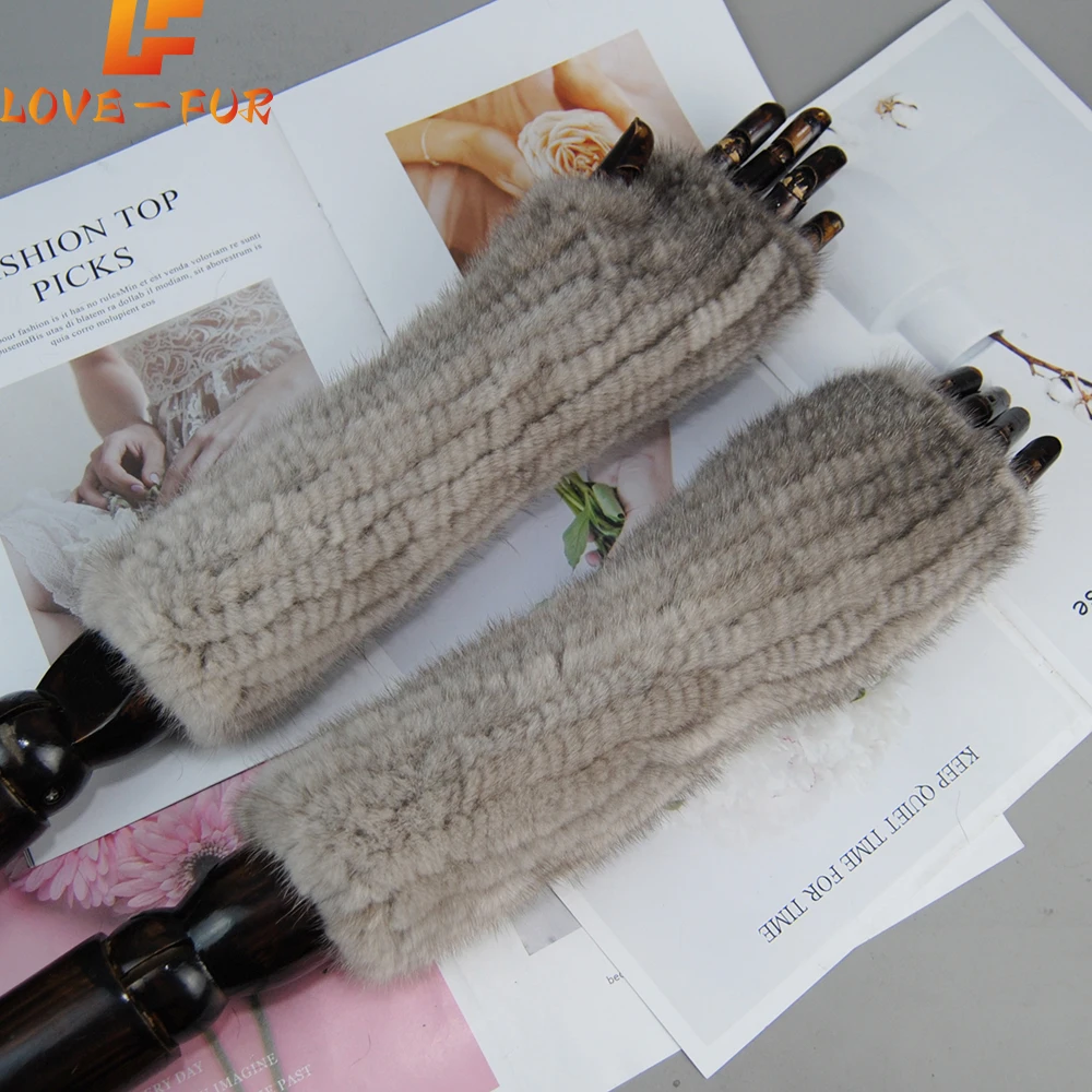 

Natural Knitted Mink Fur Gloves Lady Winter Luxury Quality 30cm Real Mink Fur Fingerless Gloves Women Warm Real Mink Fur Mittens