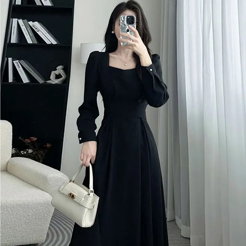 Women\'s Spring Fashion Simplicity Solid Color Square Collar Long Sleeve Dresses Women Clothes Casual Temperament Elegant Dress