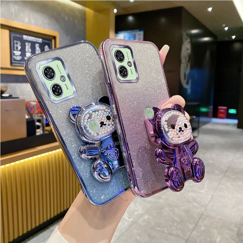 G 54 Glitter Bling Bear Silicone Phone Holder Case On For Motorola Moto G54 MotoG54 Motorola54 Girl Woman Stand Back Cover