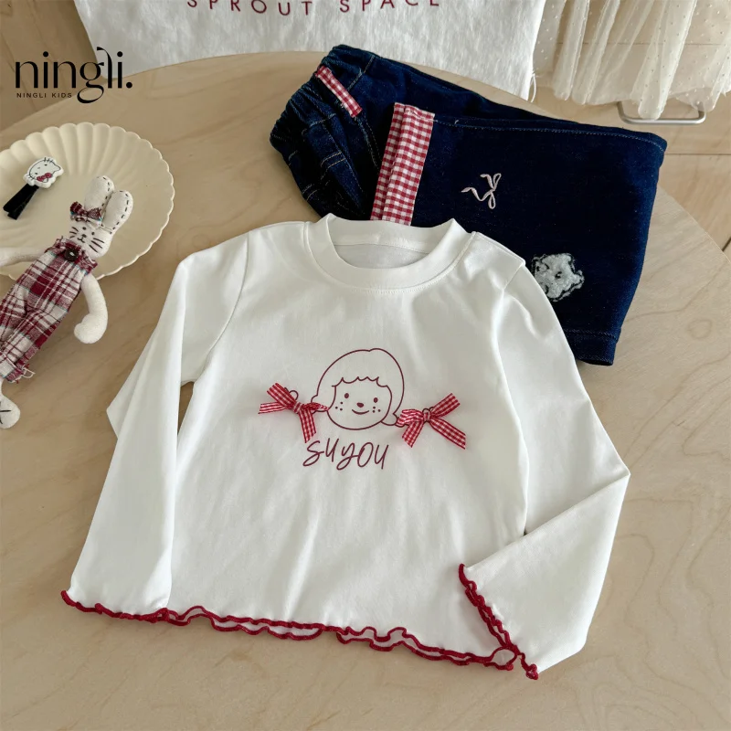 

Girls' Autumn New Children's Bow Doll Shirt Base Shirt+Two-piece Jeans Set