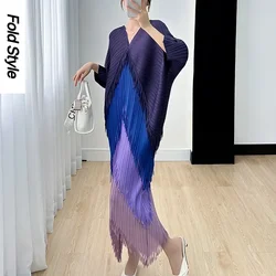 Robe plissée à franges pour femme, col en V, manches chauve-souris, épissure, mode, printemps, été, nouveau, 2024