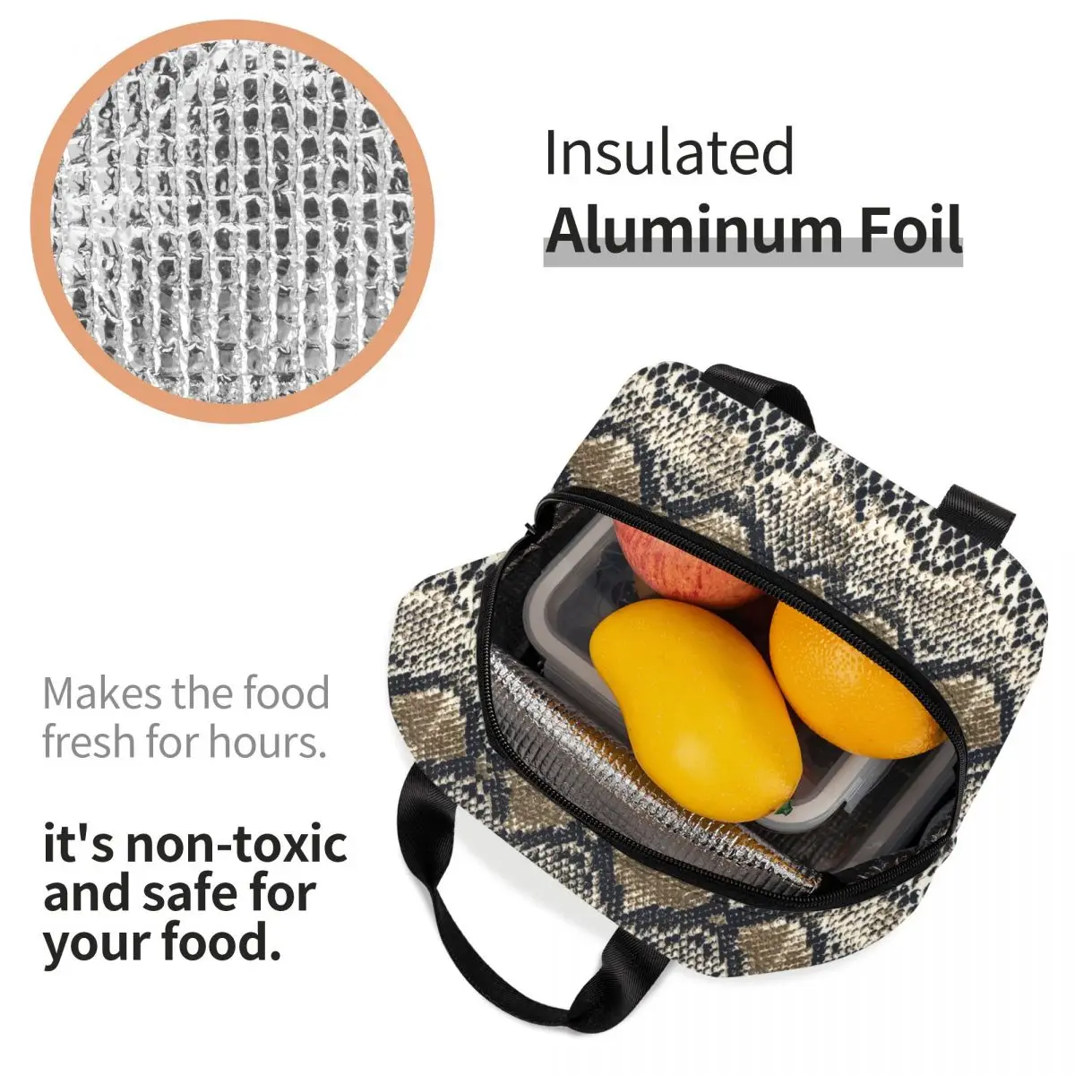 Fiambrera con estampado de piel de serpiente para niños, fiambrera térmica con aislamiento térmico, bolsa de almacenamiento de bolsos para la comida para mujer para Picnic de viaje al aire libre