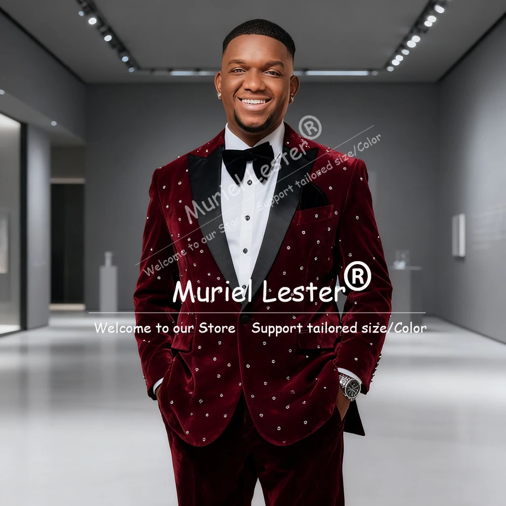 

Эксклюзивный бархатный мужской костюм, комплект из 2 предметов, черный пиджак с остроконечными лацканами и бисером, индивидуальный наряд для жениха, мужские смокинги для деловой вечеринки