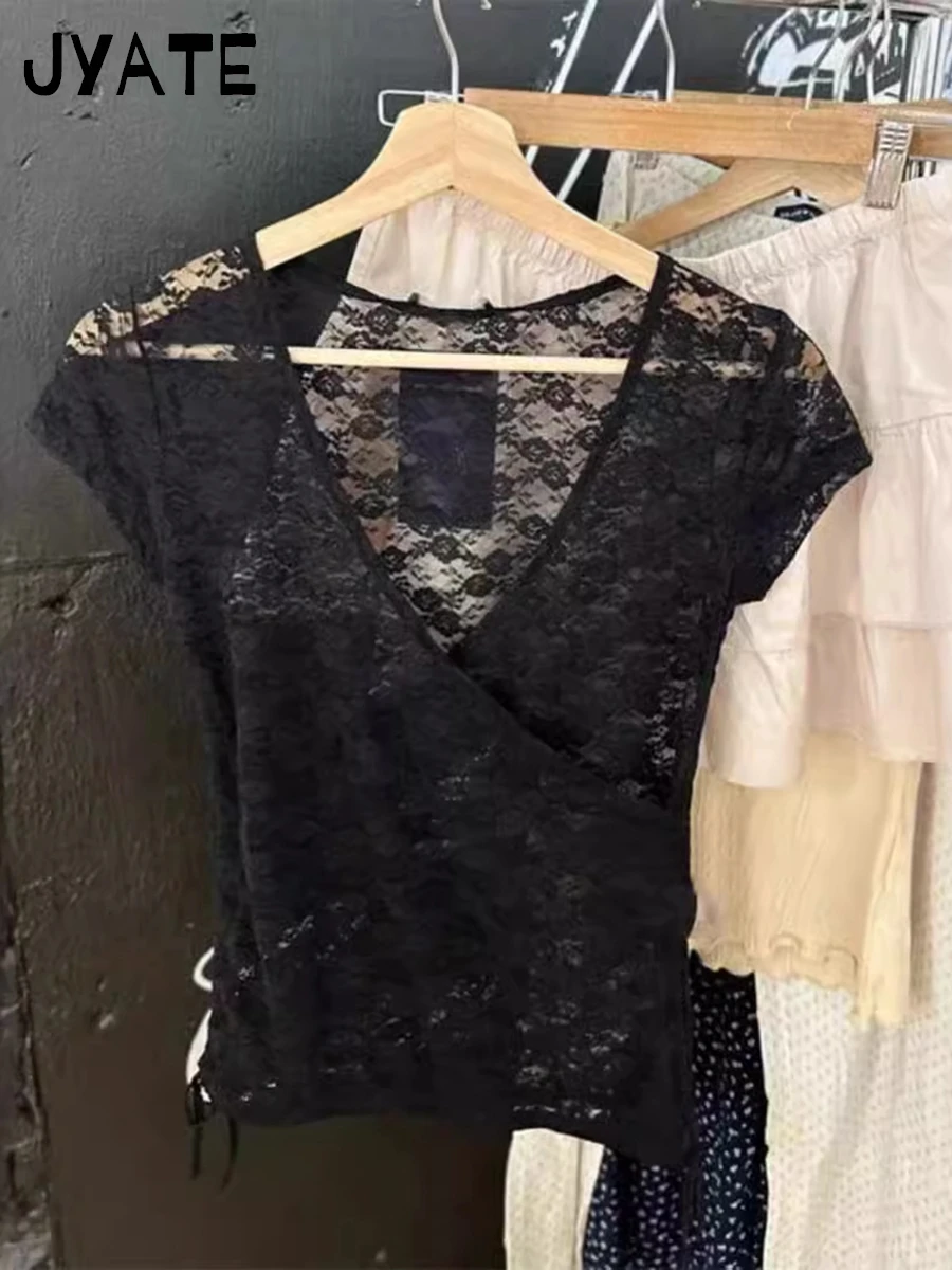 Harajuku Jacquard Transparent Crop Tops Women Summer Bow Lace Mesh V Neck Lace -up Short Sleeve Tee Sweet Slim Thin T-shirts Y2K