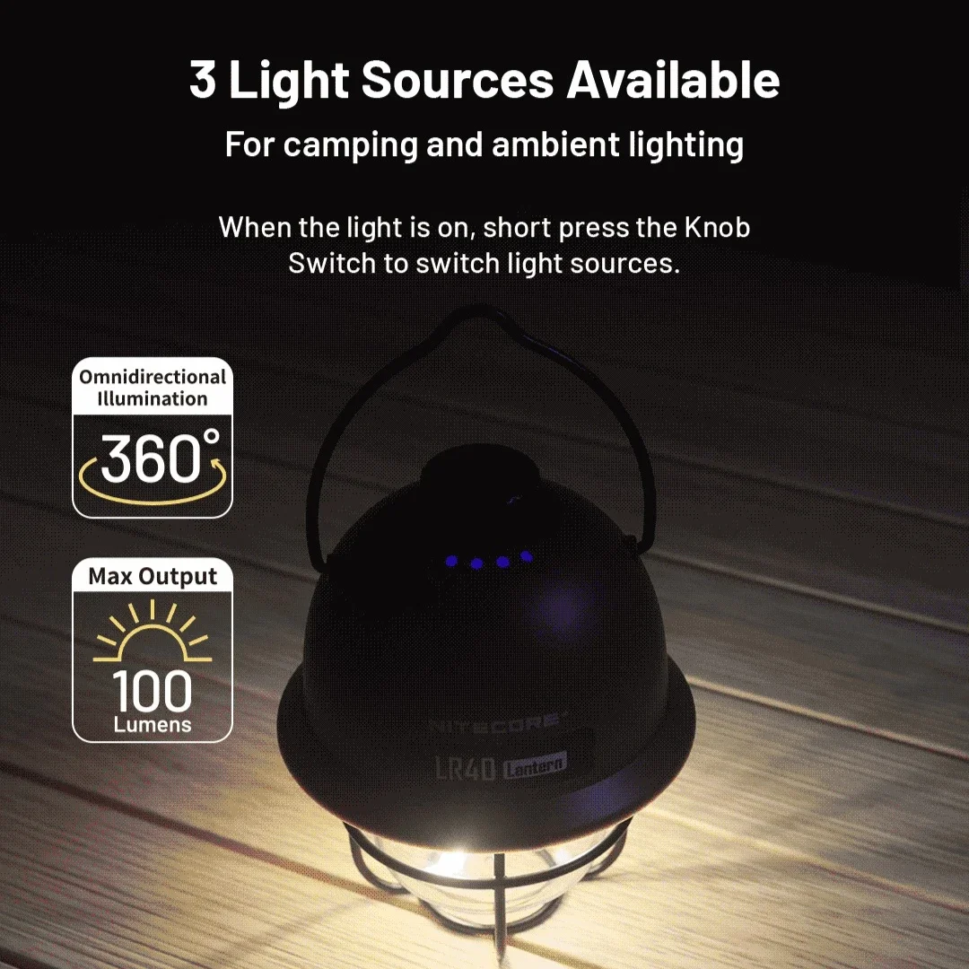 NITECORE LR40 فانوس التخييم مصباح يدوي USB-C قابل لإعادة الشحن 100 لومن وقت التشغيل 65 ساعة 3 مصادر الضوء