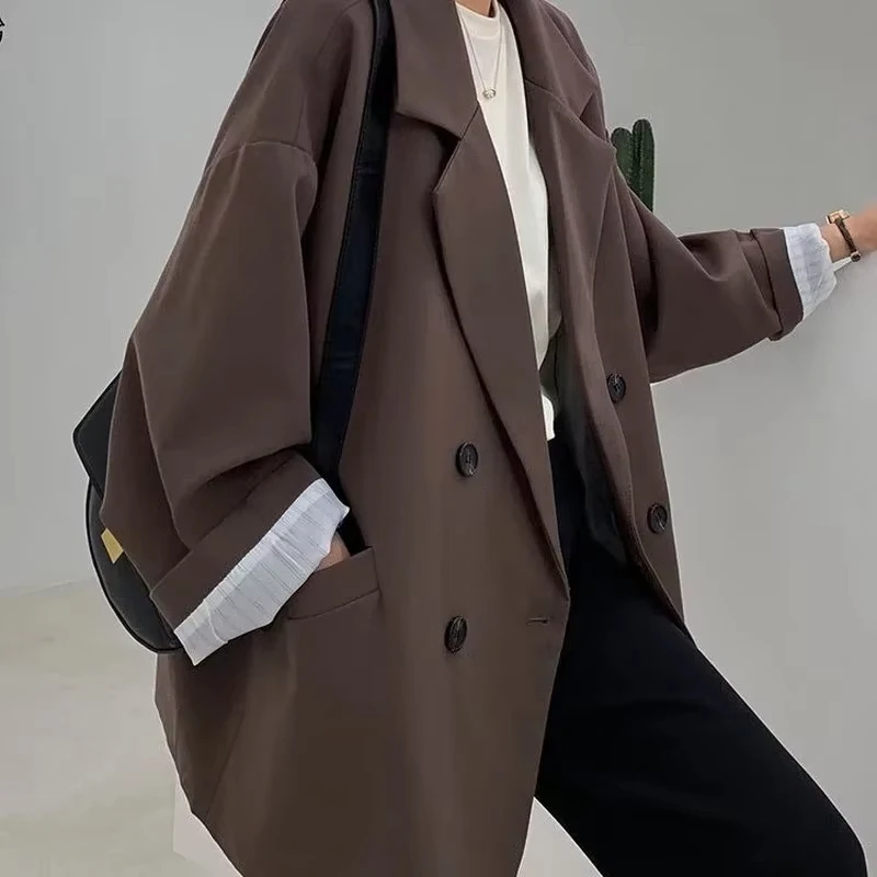 

New Vintage Loose Women Solid Blazer Autumn Chic Double Breasted Female Long Sleeve Suit Jackets Stylish Ladies Blazer