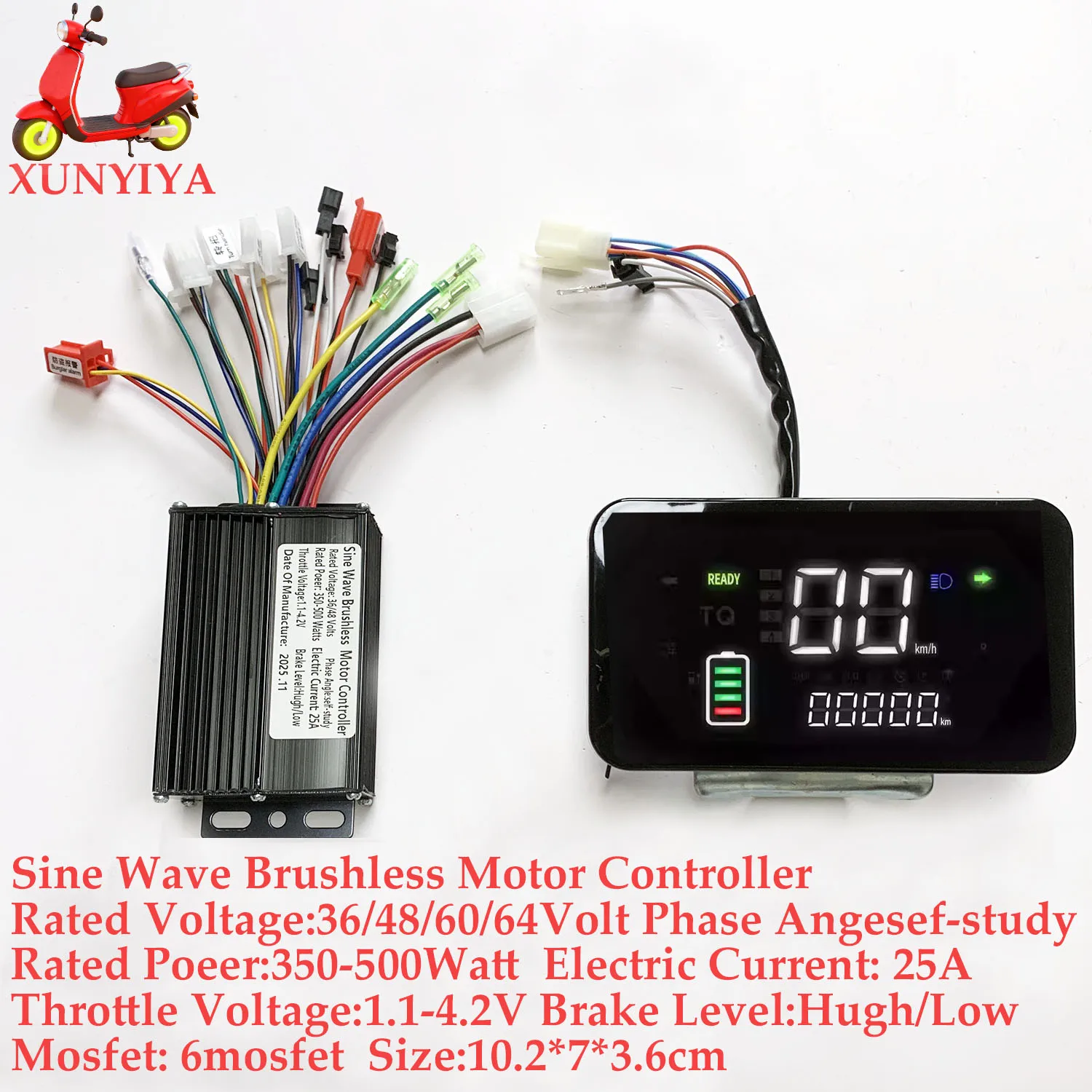 36V 48V 60V 64V 350W/500W/1000W/1500W 25A Brushless Motor Sine Wave Controller with LCD Speed Display for E-bike E-motorcycle