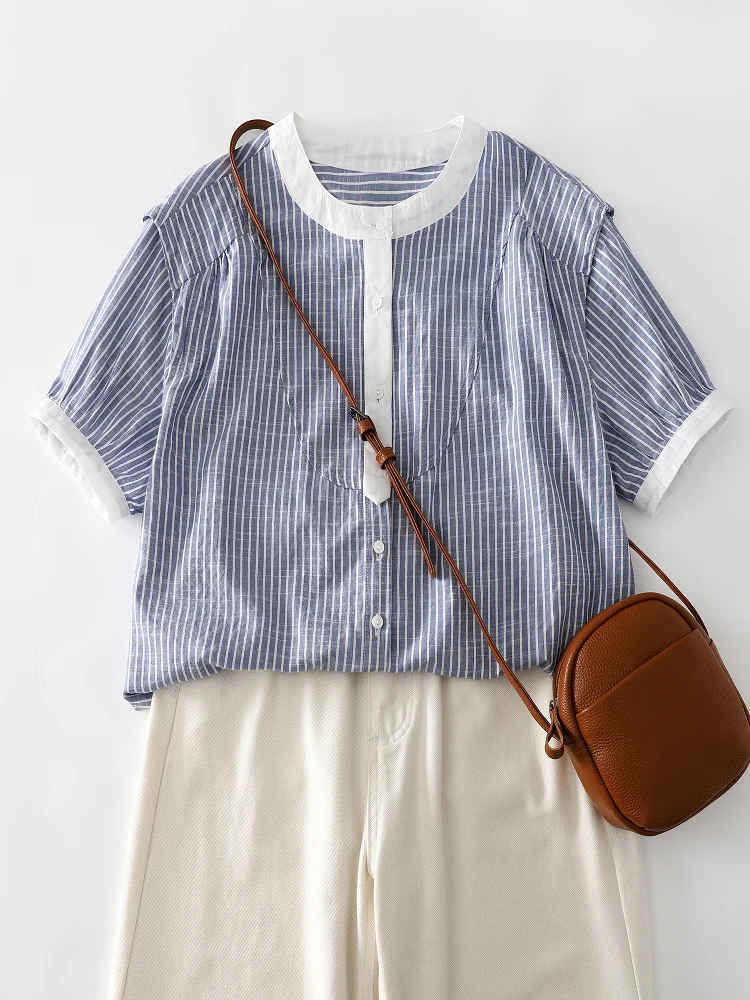 

Japanese Style round Neck Color Block Stripe Short Sleeve Women's Shirt Summer New Design Versatile Linen Top Trendy Cotton B...