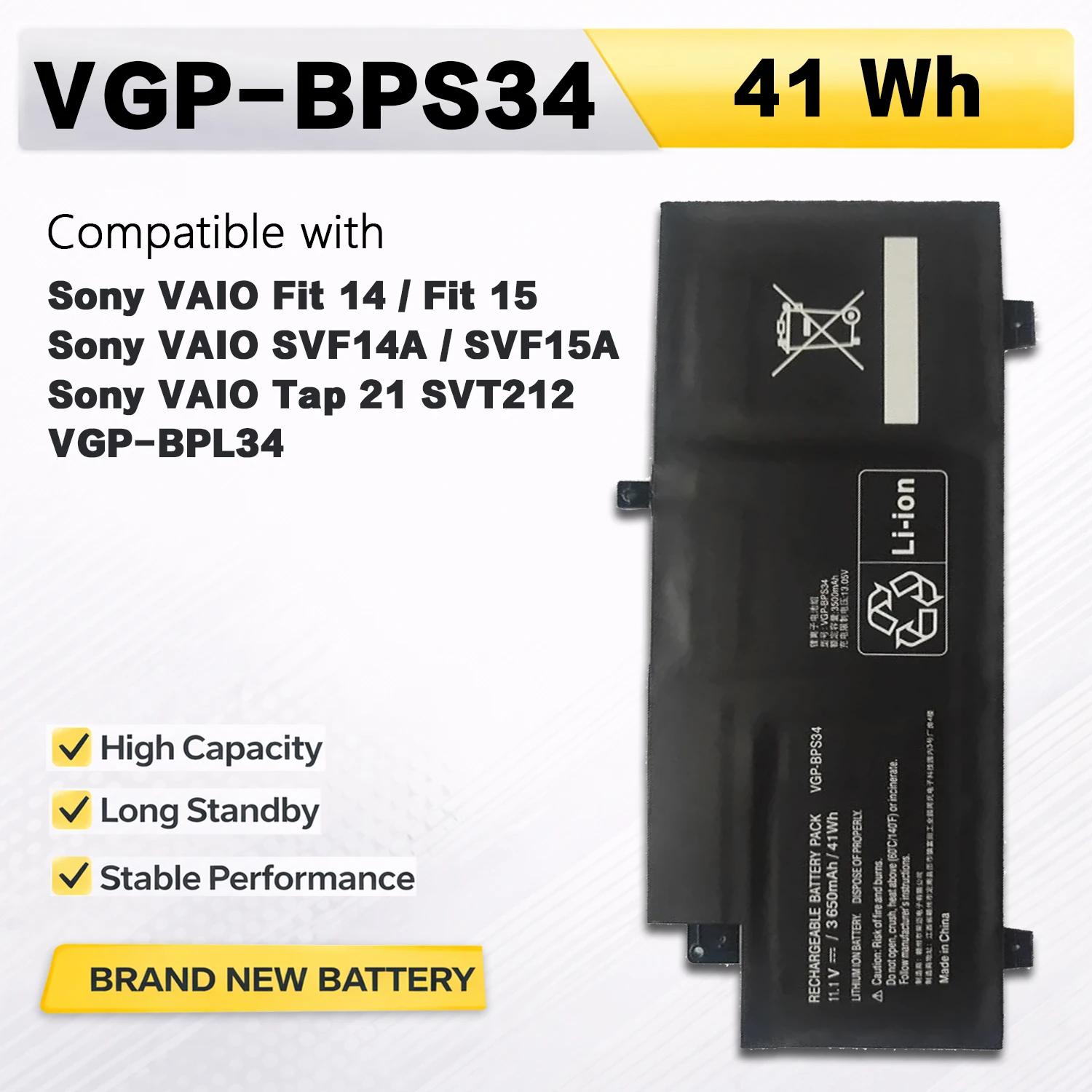 PowerHub VGP-BPS34 11.4V 41Wh 3650mAh Laptop Battery For Sony VAIO Fit14 Fit15 SVF14A SVF15A SVF15A1ACXB SVF14A15SCB Tap21 BPL34