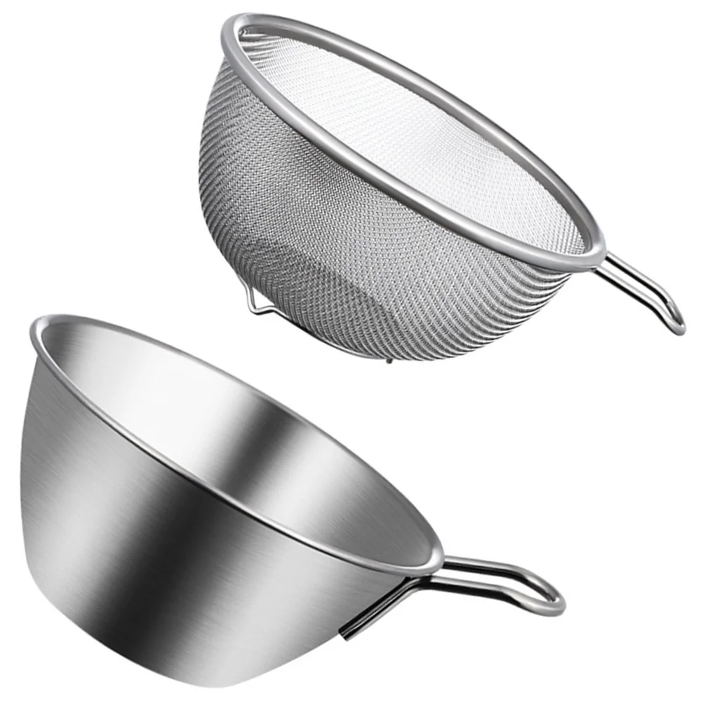 

1 set 1 Set Stainless Steel Colander Drainer Basket Rice Washing Bowl Fine Mesh Strainer For Kitchen Fruits Vegetables Cleaning