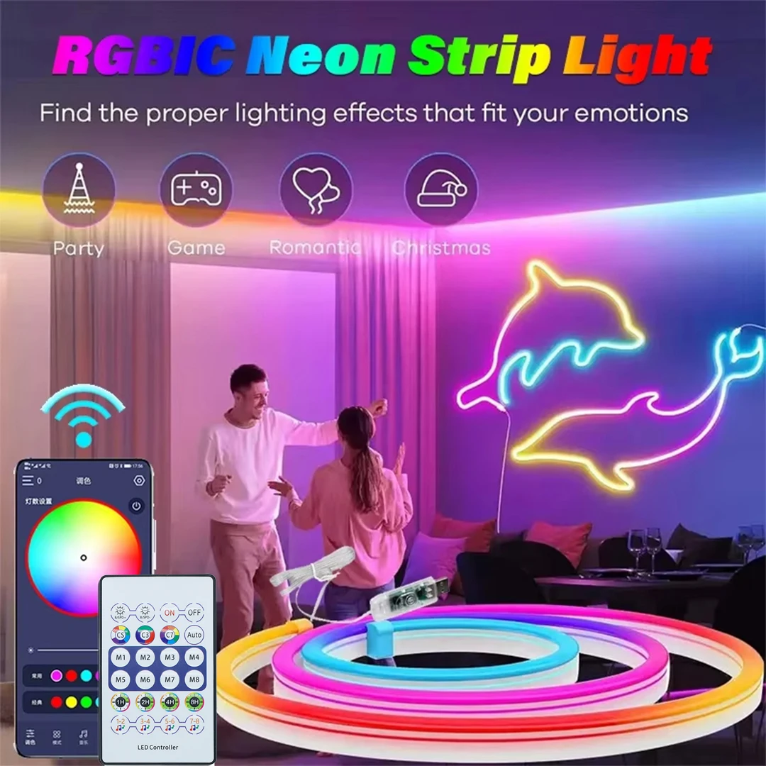 5V Smart RGB Neon Light Strip USB App/Remote Control Music Sync Waterproof Flexible Neon Strip for Bedroom Game Party Decoration