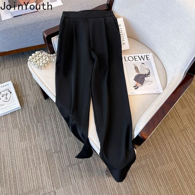 Korean 2 Piece Sets Womens Outfits Fake Two Long Sleeve Shirts High Waist Wide Leg Pants Suit Roupas Femme Vintage Summer Set